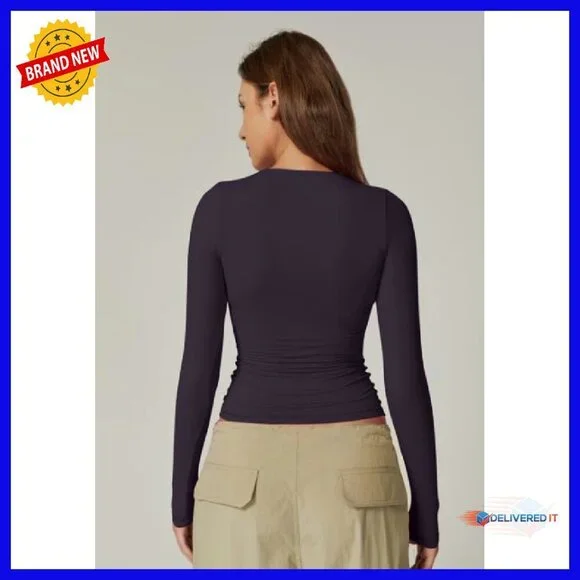 Women's Long Sleeve Square Neck Fitted Tee Buttery Soft Double Lined - Picture 2 of 6